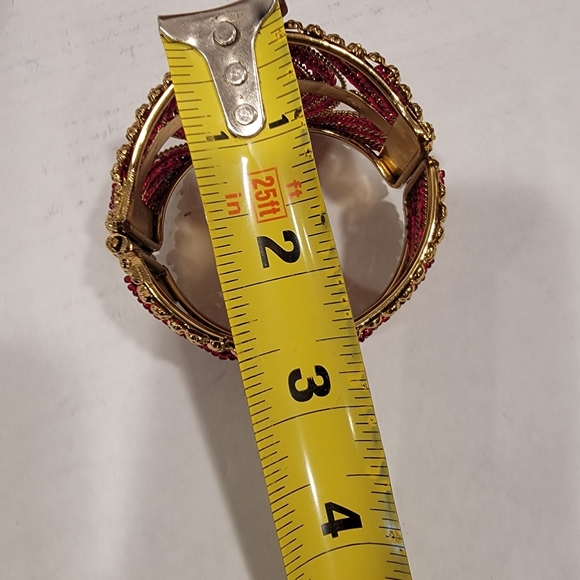 Beaded Hinged Cuff Bracelet, Gold Tone and Red Beads - Picture 8 of 11
